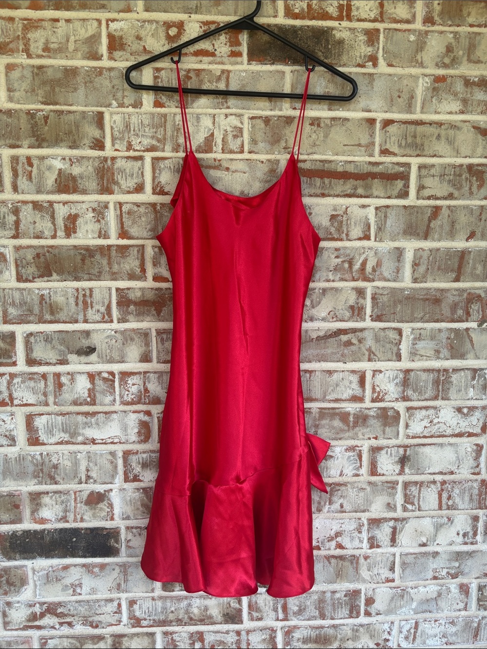 Liz Red Satin Feel Slip Dress with Flounce Hem
